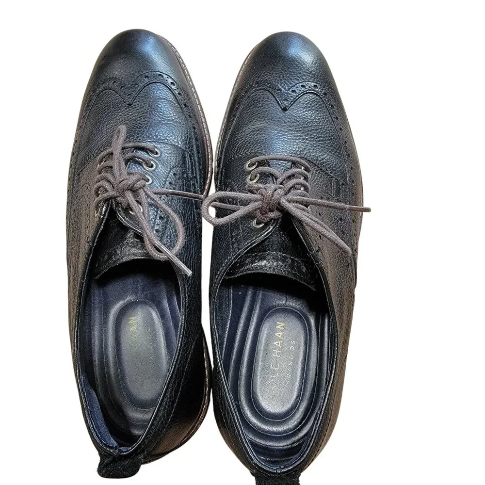Cole Haan Grand OS Size 8 1/2 Black Leather Wingtip Oxford Shoes, Lace Tie